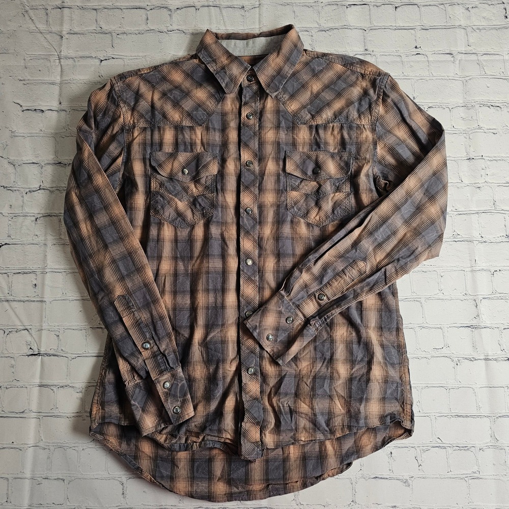 Rock and Roll Cowboy Mens Plaid Western Snap‎ Shirt Brown Grey Size Medium